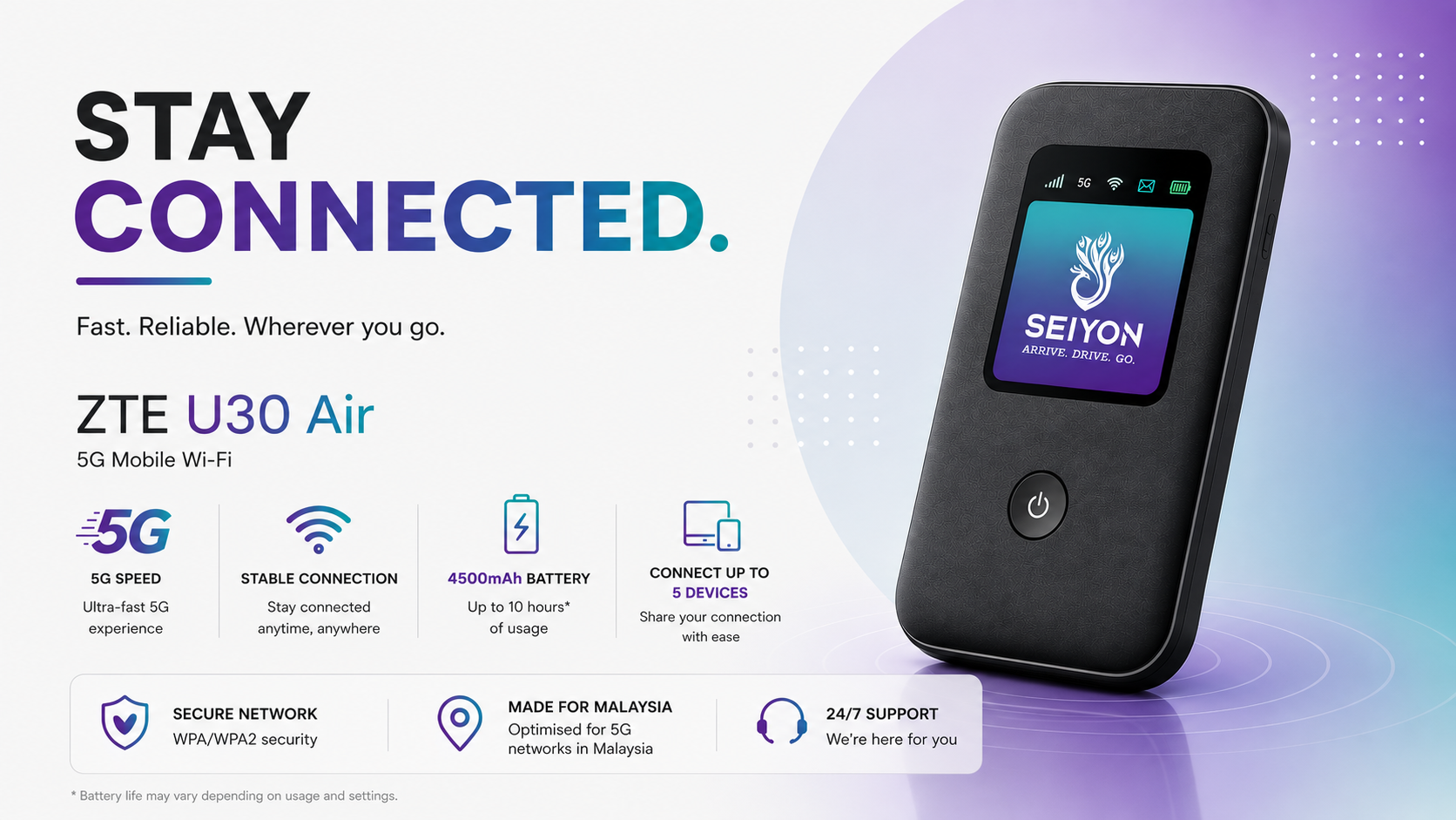 SEIYON Connect 5G pocket WiFi hotspot device for car rental at KLIA Malaysia